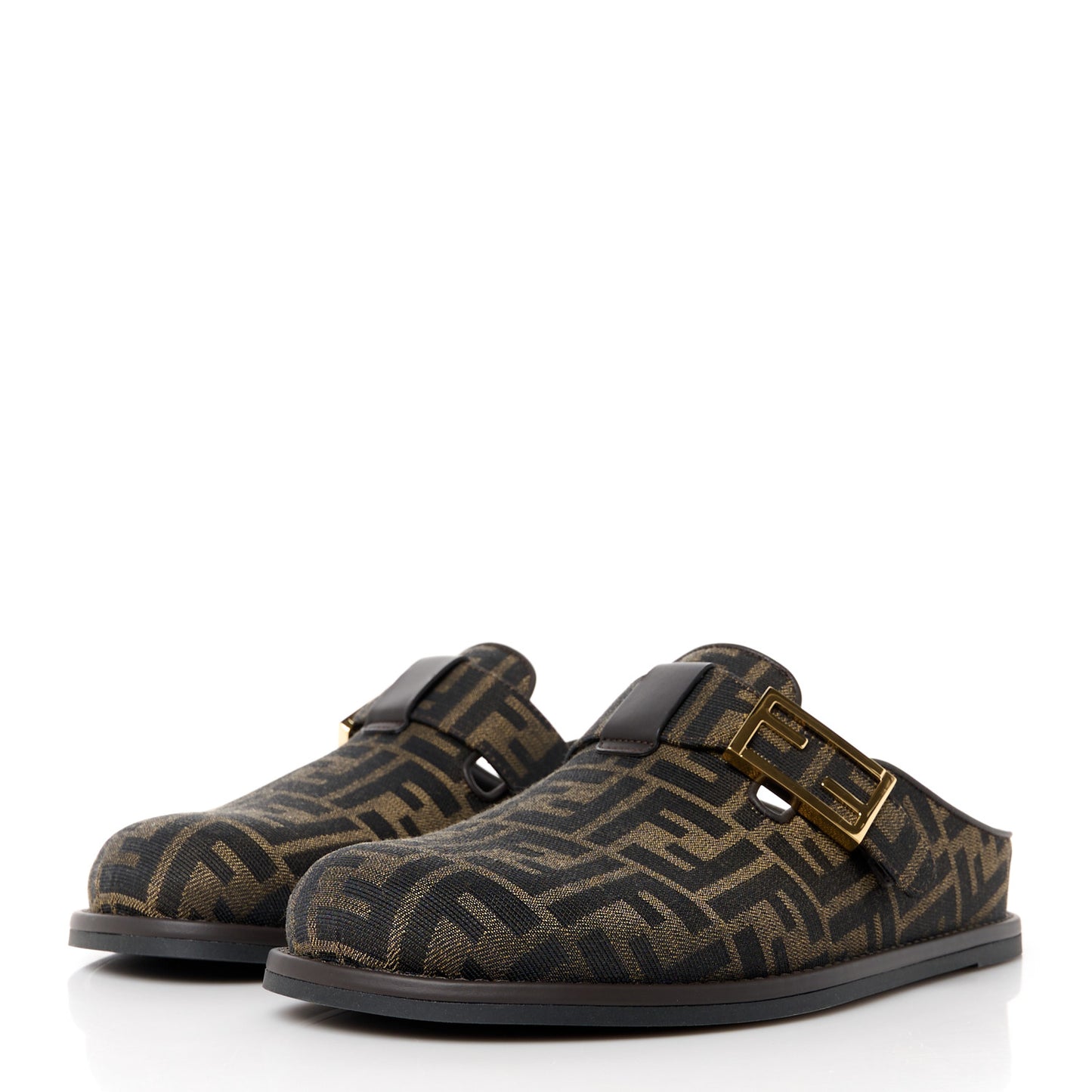 Fabric Jacquard Nappa FF Womens Sabot Mules 39 Tobacco Black