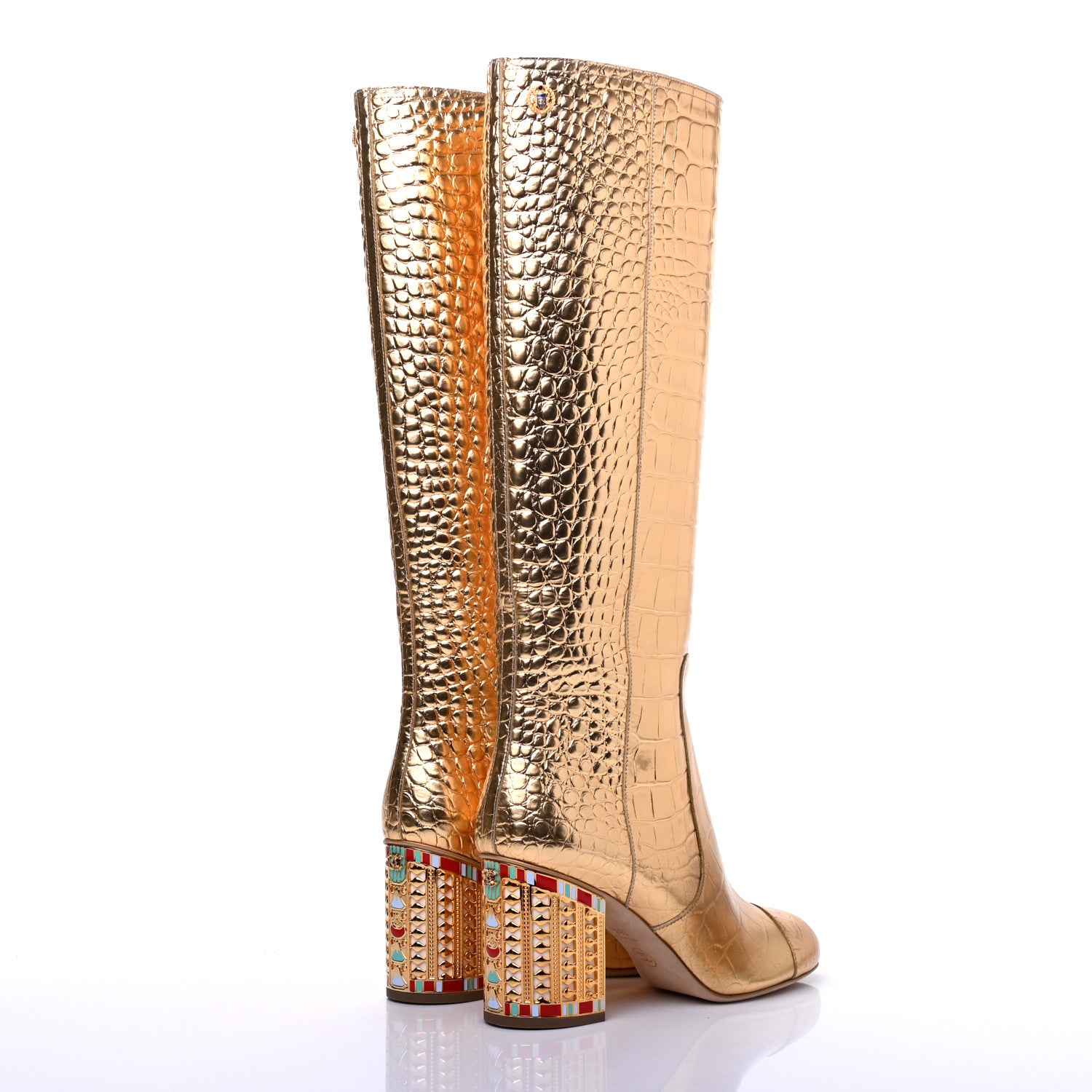 Chanel Calfskin Crocodile Embossed Cap Toe High Boots 38.5 Gold 4 of 11