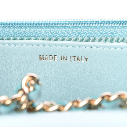 Chanel Lambskin Chevron Quilted Trendy CC Wallet On Chain WOC Light Blue 10 of 11
