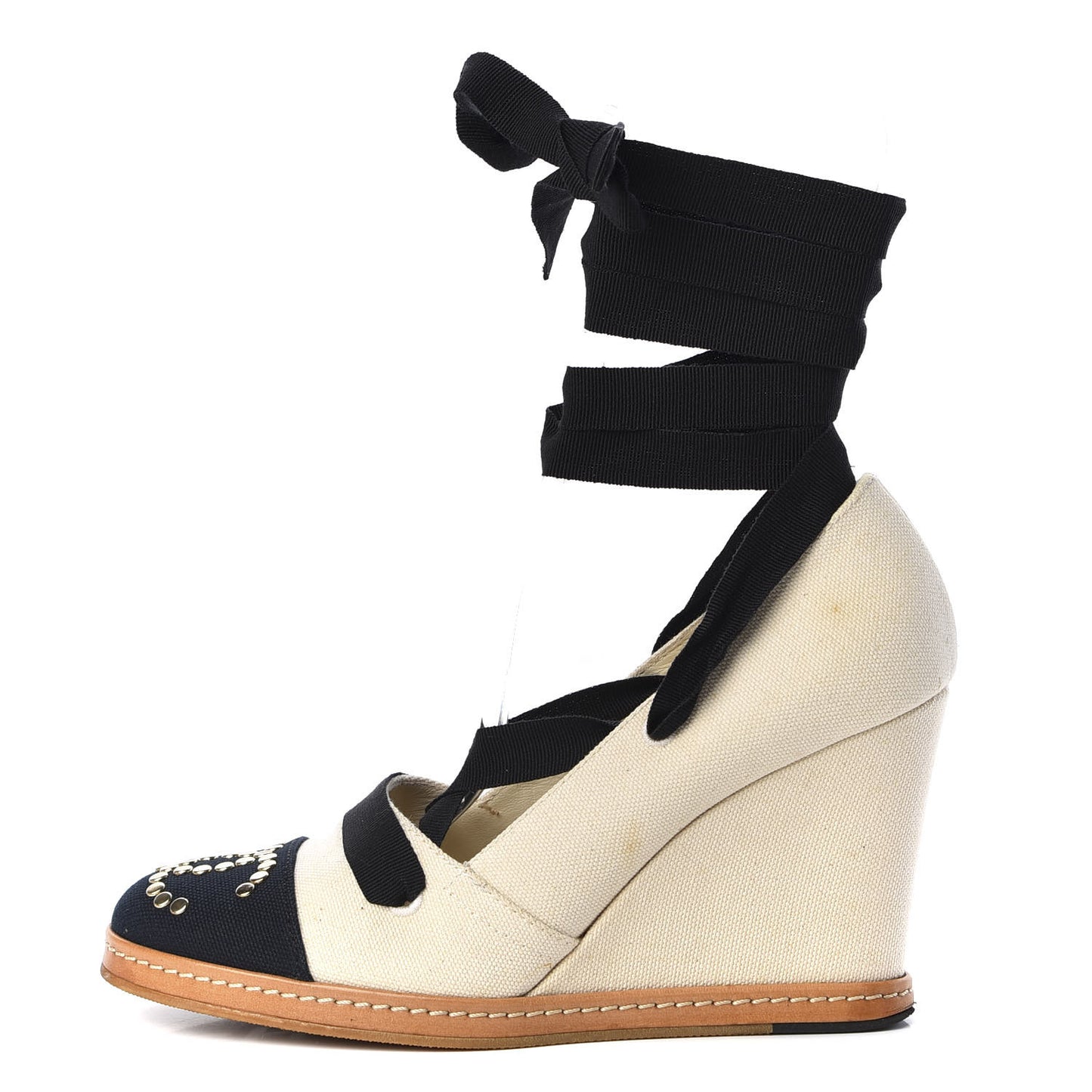 Canvas Studded Cap Toe CC Wedges 37.5 Beige Navy Black
