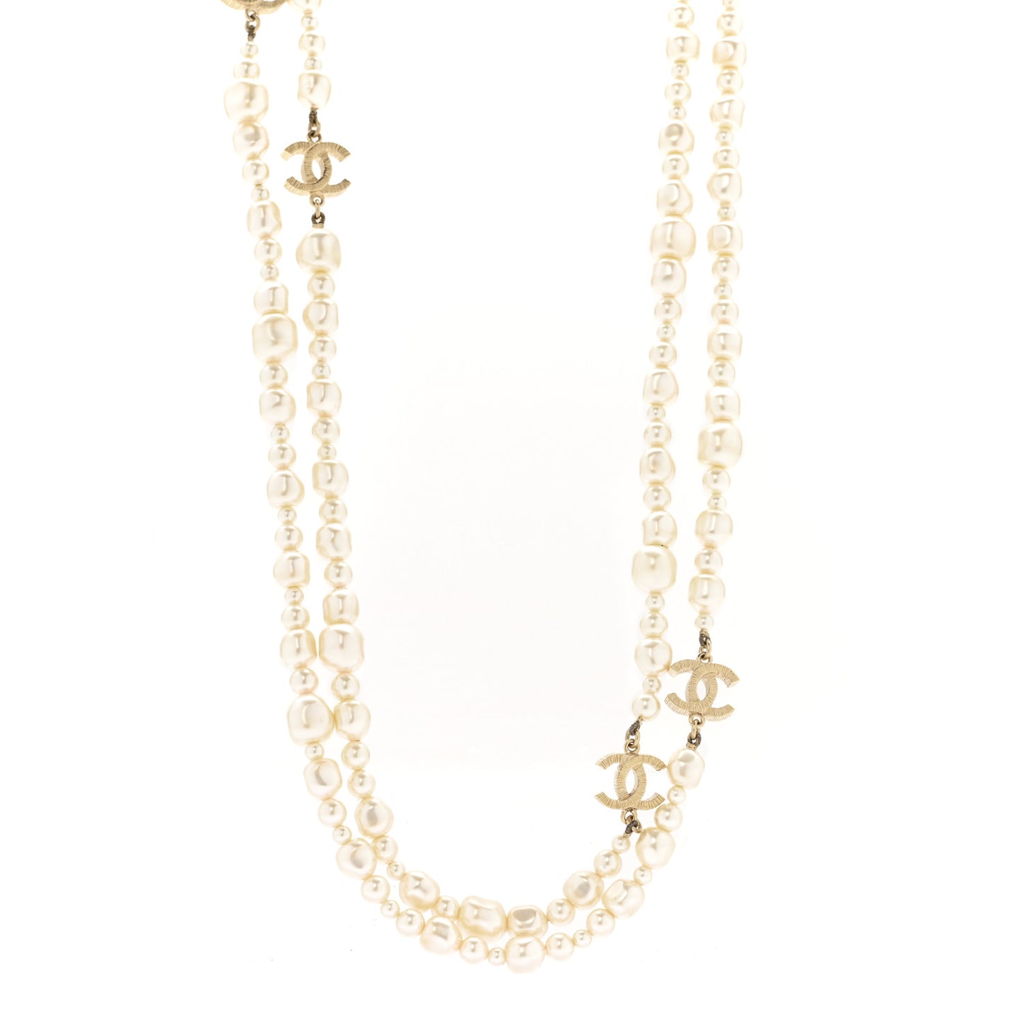 Irregular Pearl CC Long Necklace Light Gold