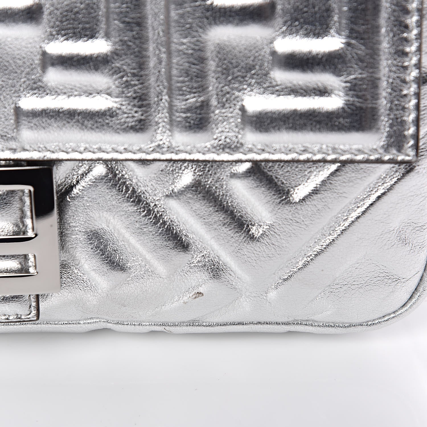 Fendi Vitello Catalan Mirror FF 1974 Embossed Baguette Argento 10 of 11