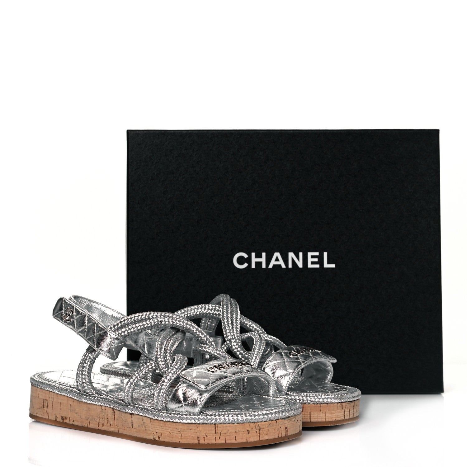 Chanel Metallic Cord Lambskin Quilted Logo Sandals 40 Silver 7 of 7