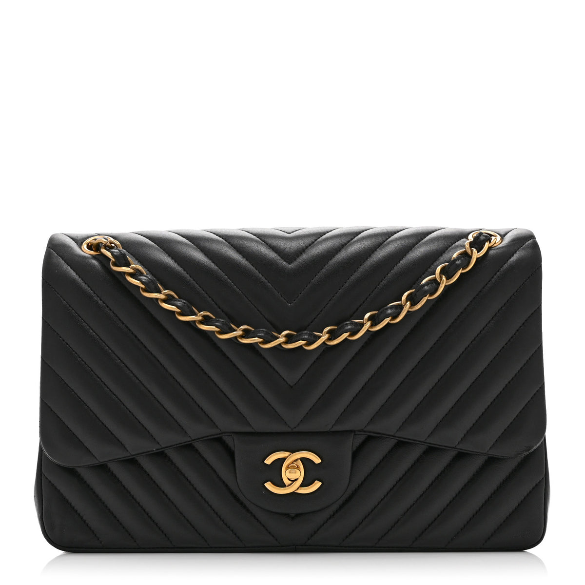 Lambskin Chevron Quilted Jumbo Double Flap Black