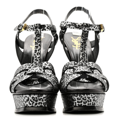 Saint Laurent Metallic Calfskin Leopard Print Tribute 105 Platform Sandals 38  Black Silver 3 of 12