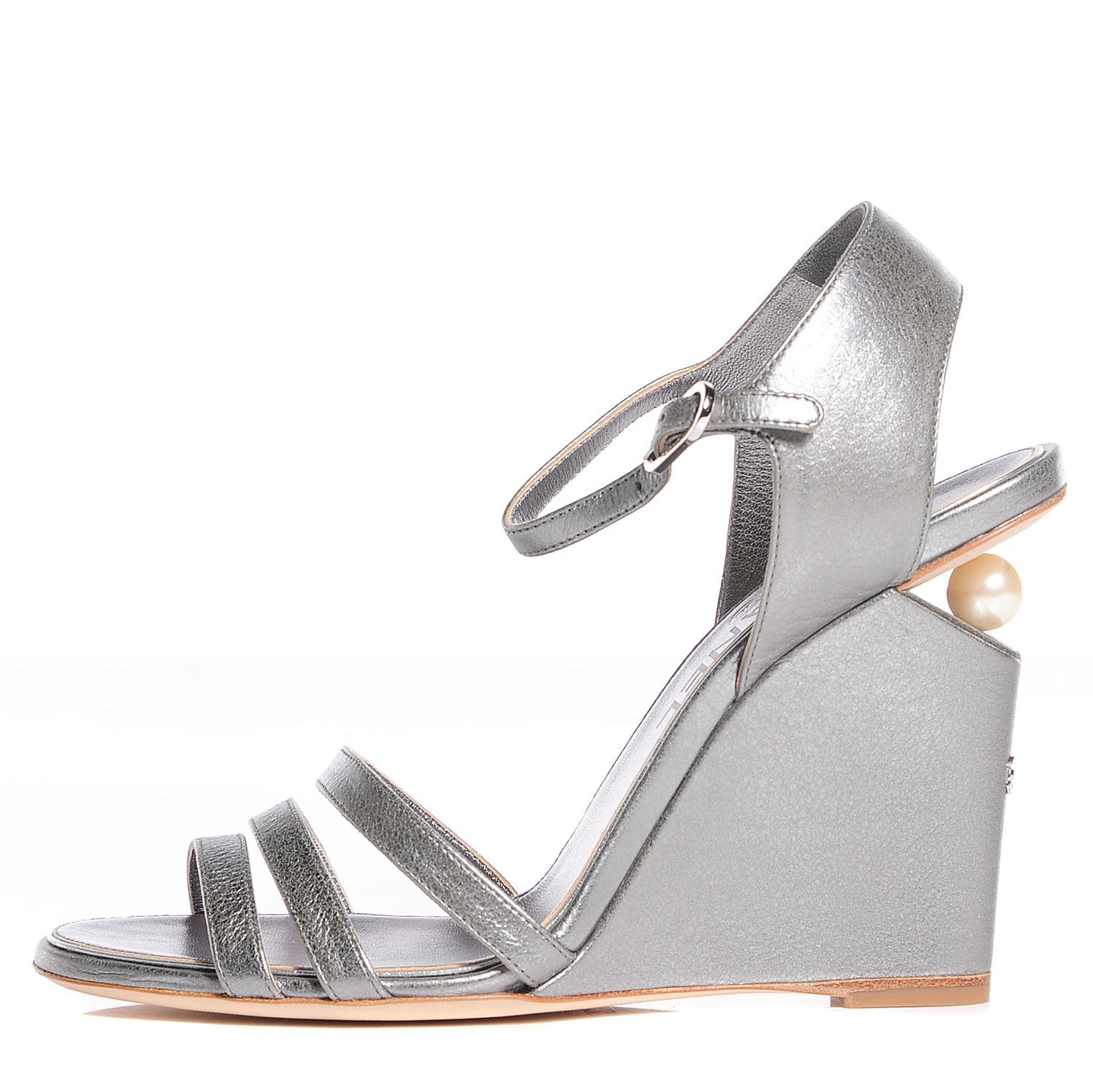 Chanel Metallic Calfskin Pearl Wedge Sandals 37.5 Dark Silver 1 of 8