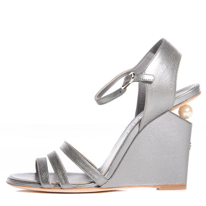 Chanel Metallic Calfskin Pearl Wedge Sandals 37.5 Dark Silver 1 of 8