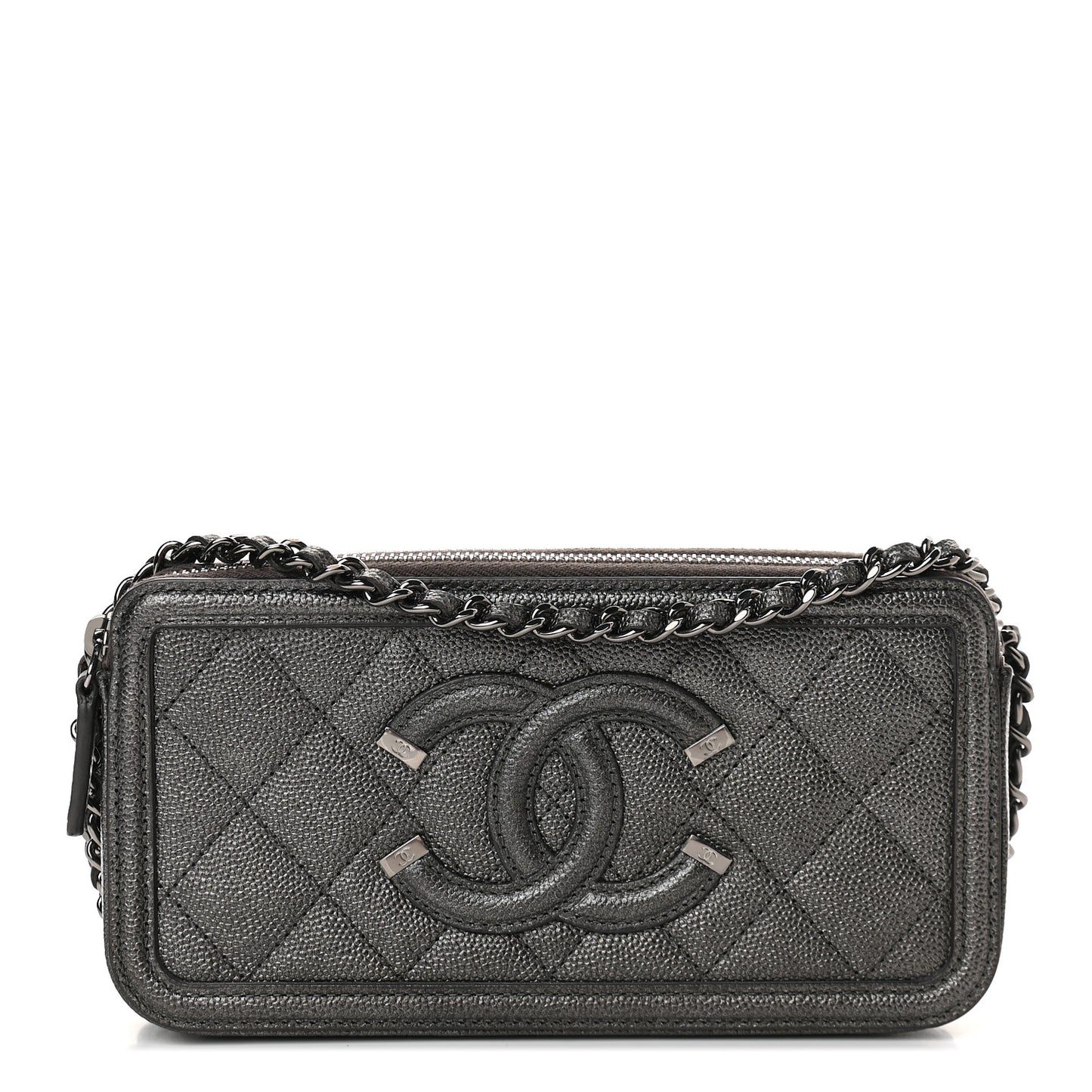 Metallic Caviar Quilted CC Filigree Clutch With Chain Dark Silver