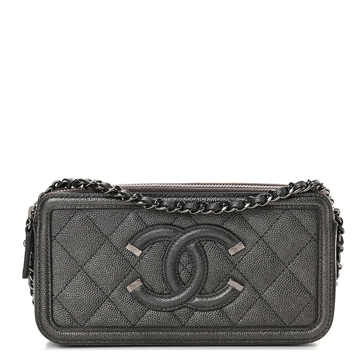 Chanel Metallic Caviar Quilted CC Filigree Clutch With Chain Dark Silver 1 of 12