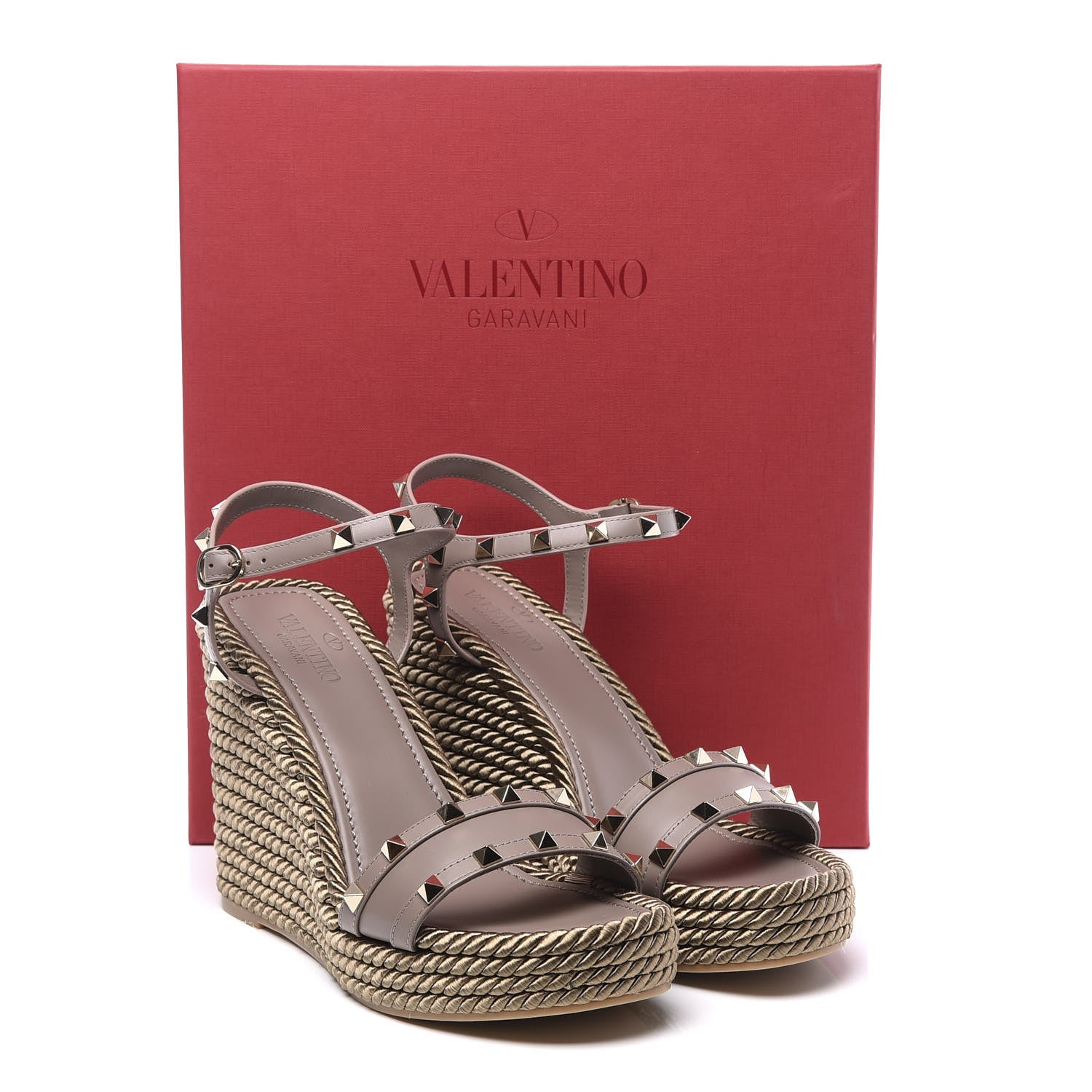 Valentino Garavani Silk Calfskin Rockstud Torchon Espadrille 25/115mm Wedge Sandals 40 Clay 11 of 11
