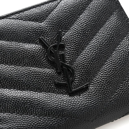 Saint Laurent Grain De Poudre Matelasse Chevron Monogram Zipped Card Case Black 9 of 11