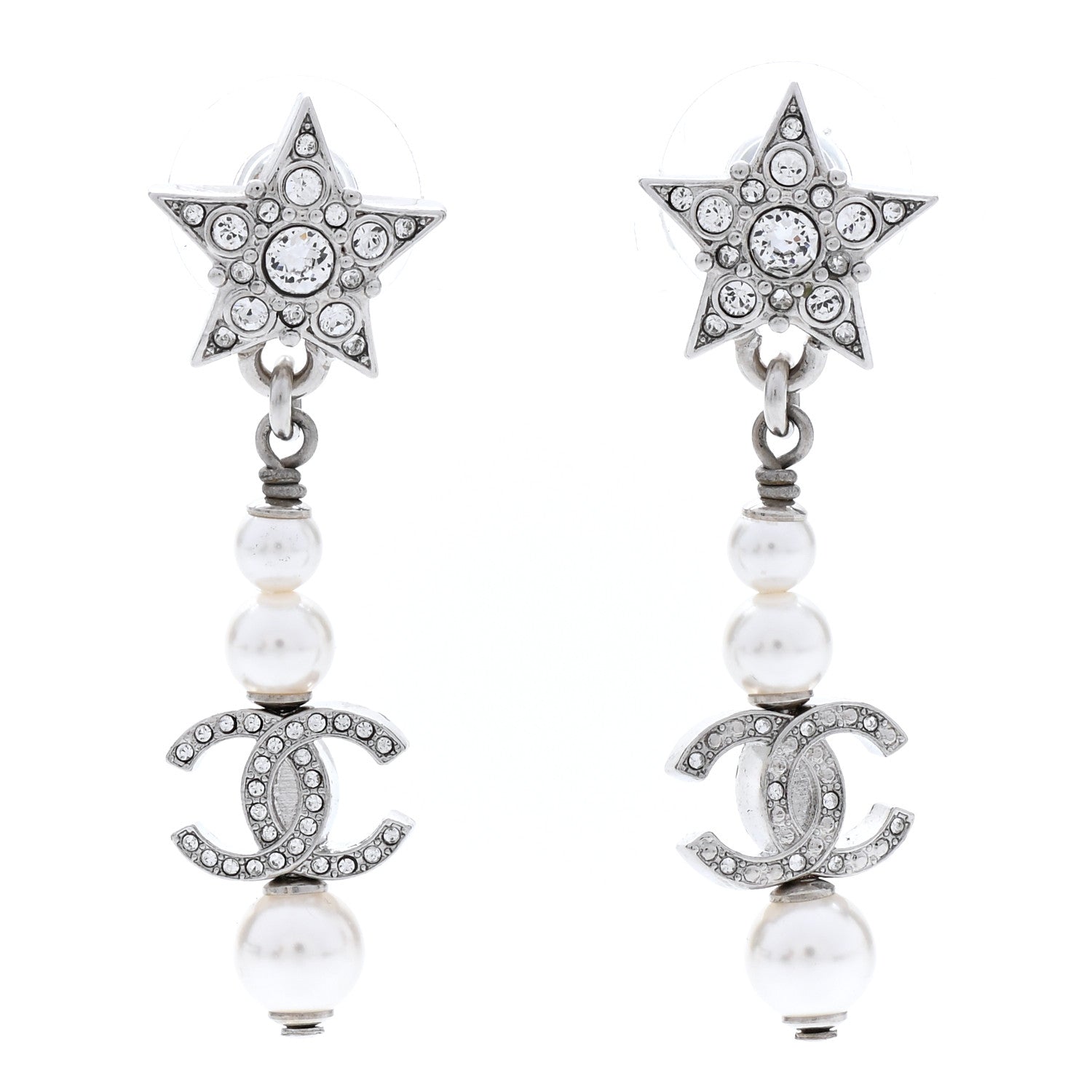 Chanel Crystal Pearl CC Star Drop Earrings Silver 1 of 5
