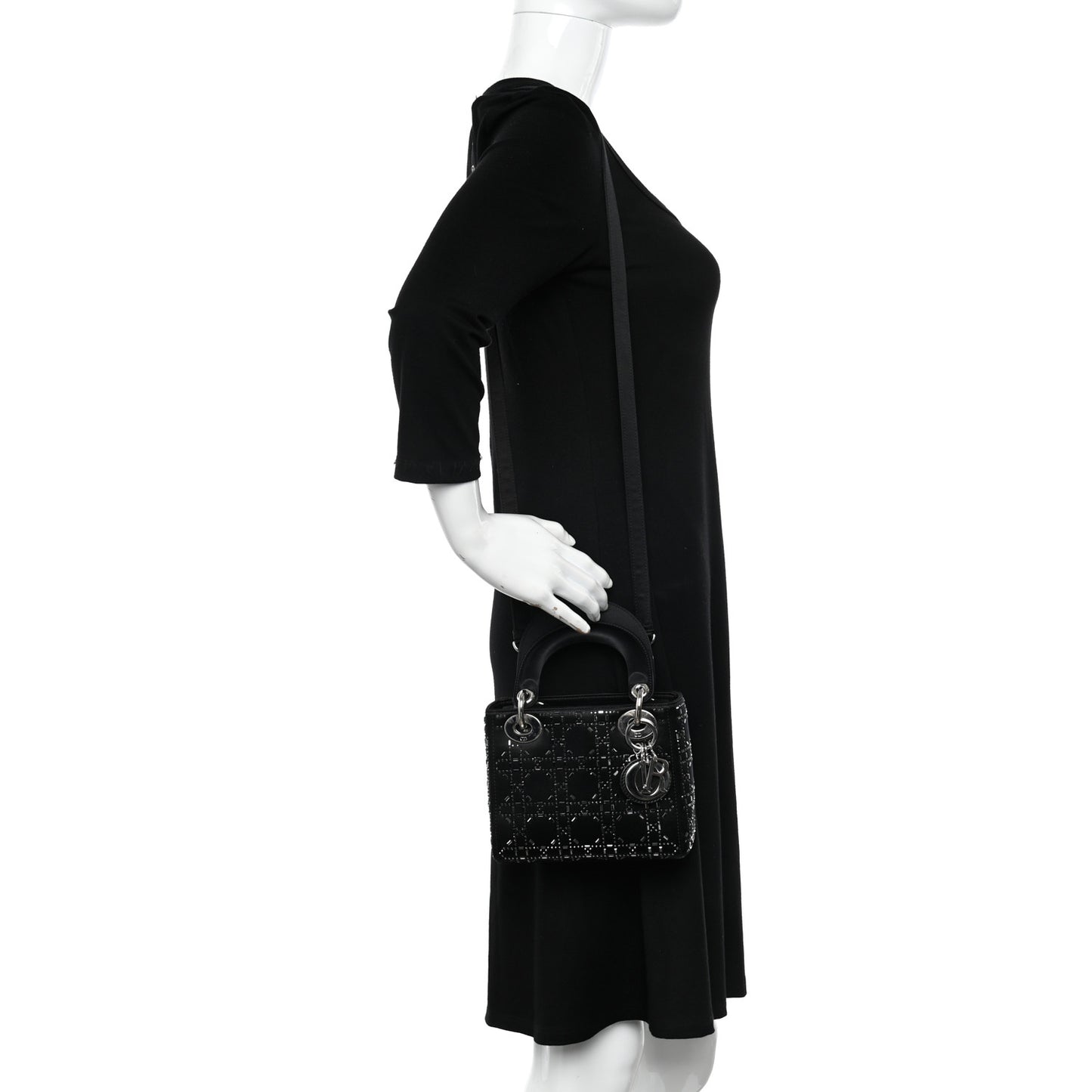 Satin Crystal Cannage Mini Lady Dior Black