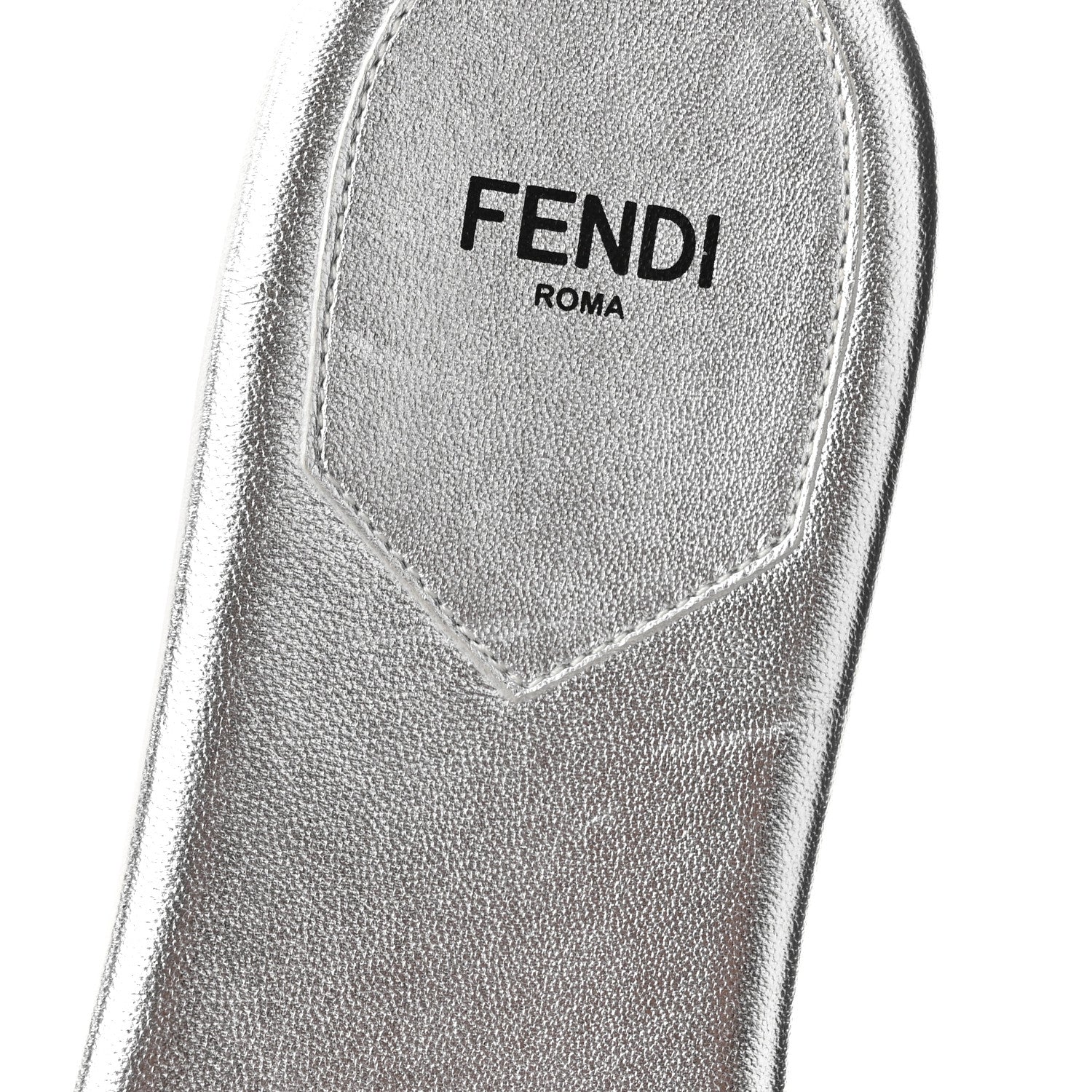Fendi Laminated Goatskin Baguette Crystal Embroidered Signature Flat Slide Sandals 39.5 Silver 9 of 9