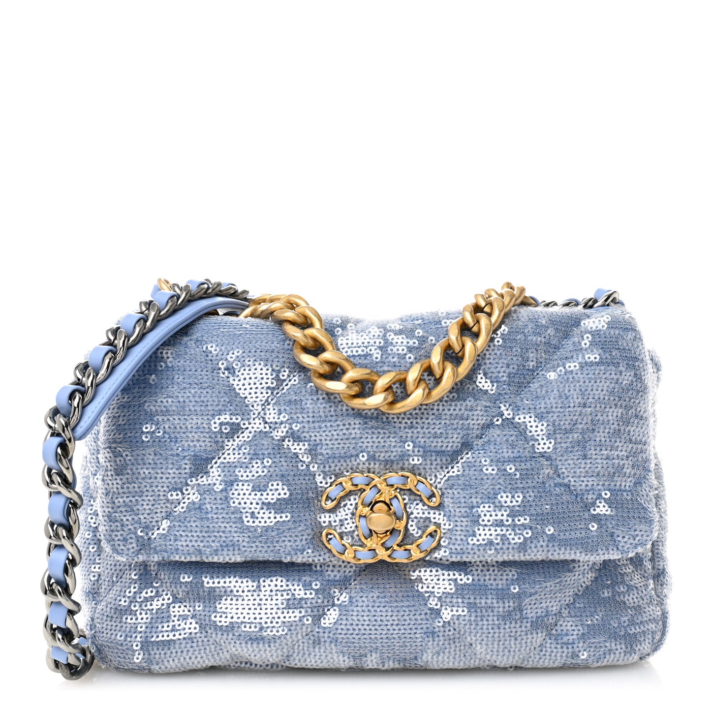 Sequin Quilted Medium Chanel 19 Flap Light Blue
