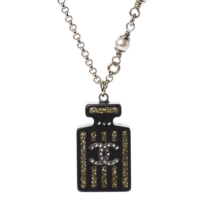 Chanel Resin Strass Perfume Bottle CC Necklace Black Gold 3 of 6