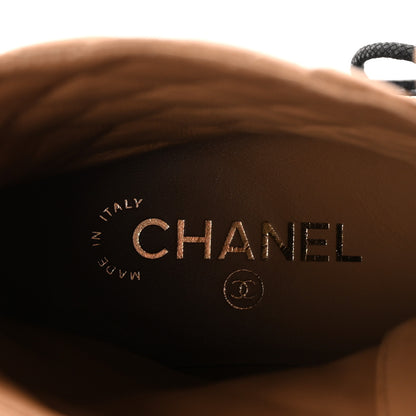 Chanel Lambskin Calfskin Quilted Lace Up Combat Boots 37.5 Light Brown Black 9 of 10