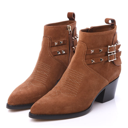 Valentino Garavani Suede Rockstud Double Buckle 50mm Cowboy Ankle Boots 38 Selleria 3 of 8