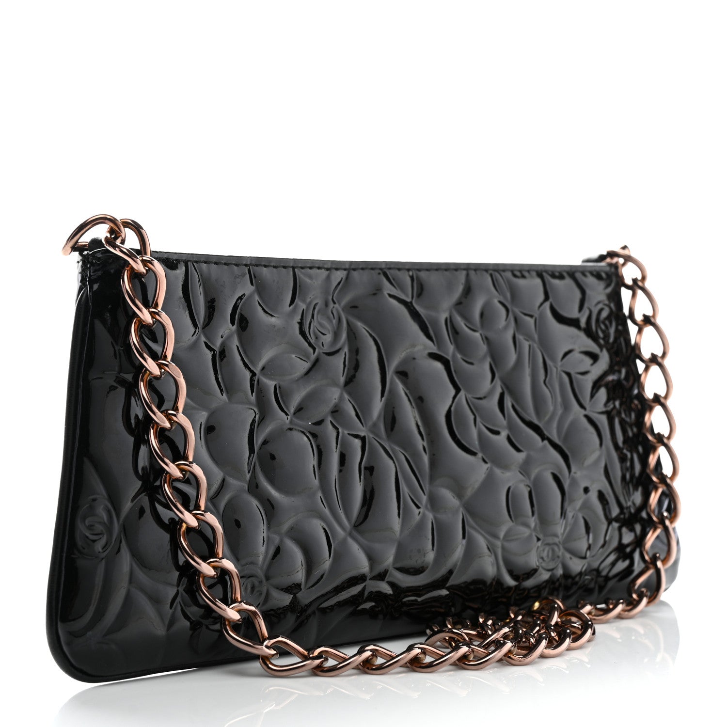 Chanel Patent Camellia Embossed Pochette Black 1729965 – FASHIONPHILE