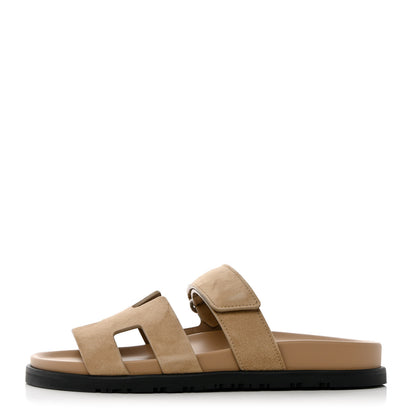 Hermes Suede Goatskin Womens Chypre Sandals 37 Beige Argile 1 of 10
