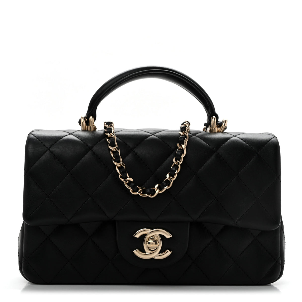 Lambskin Quilted Mini Top Handle Rectangular Flap Black