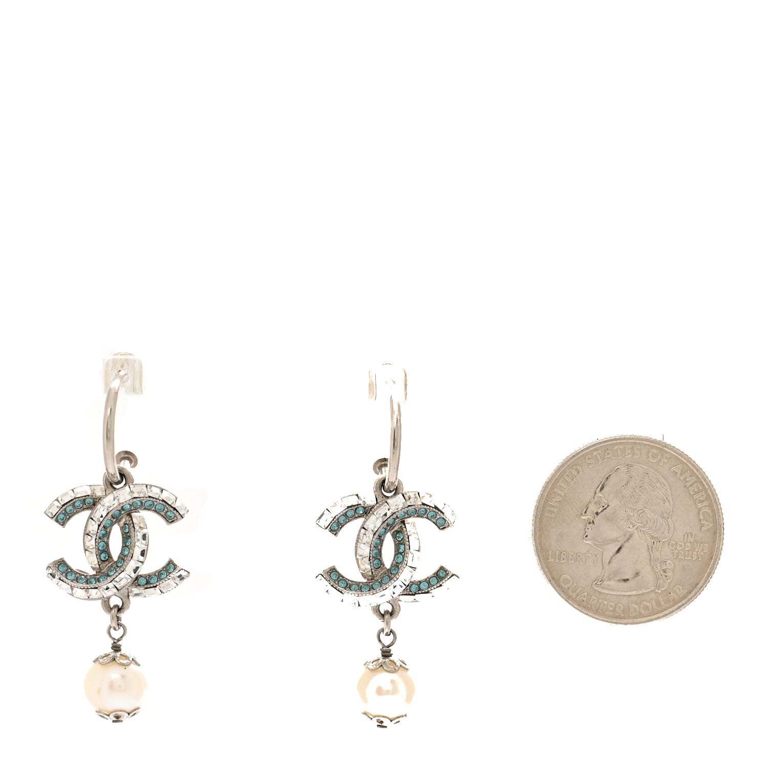 Chanel Crystal CC Drop Earrings Blue Silver 2 of 5