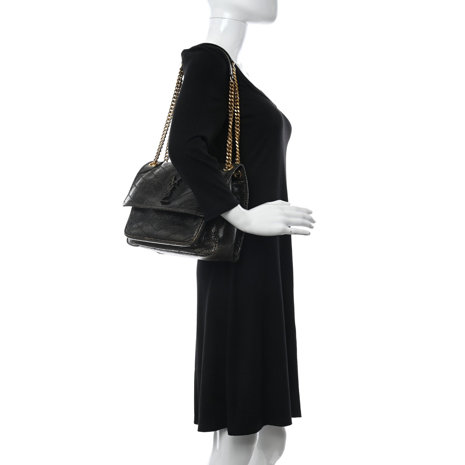 Saint Laurent Crinkled Calfskin Matelasse Monogram Medium Niki Chain Satchel Black Ocra 2 of 11