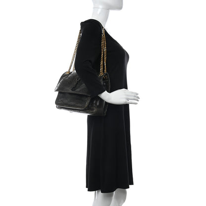 Saint Laurent Crinkled Calfskin Matelasse Monogram Medium Niki Chain Satchel Black Ocra 2 of 11