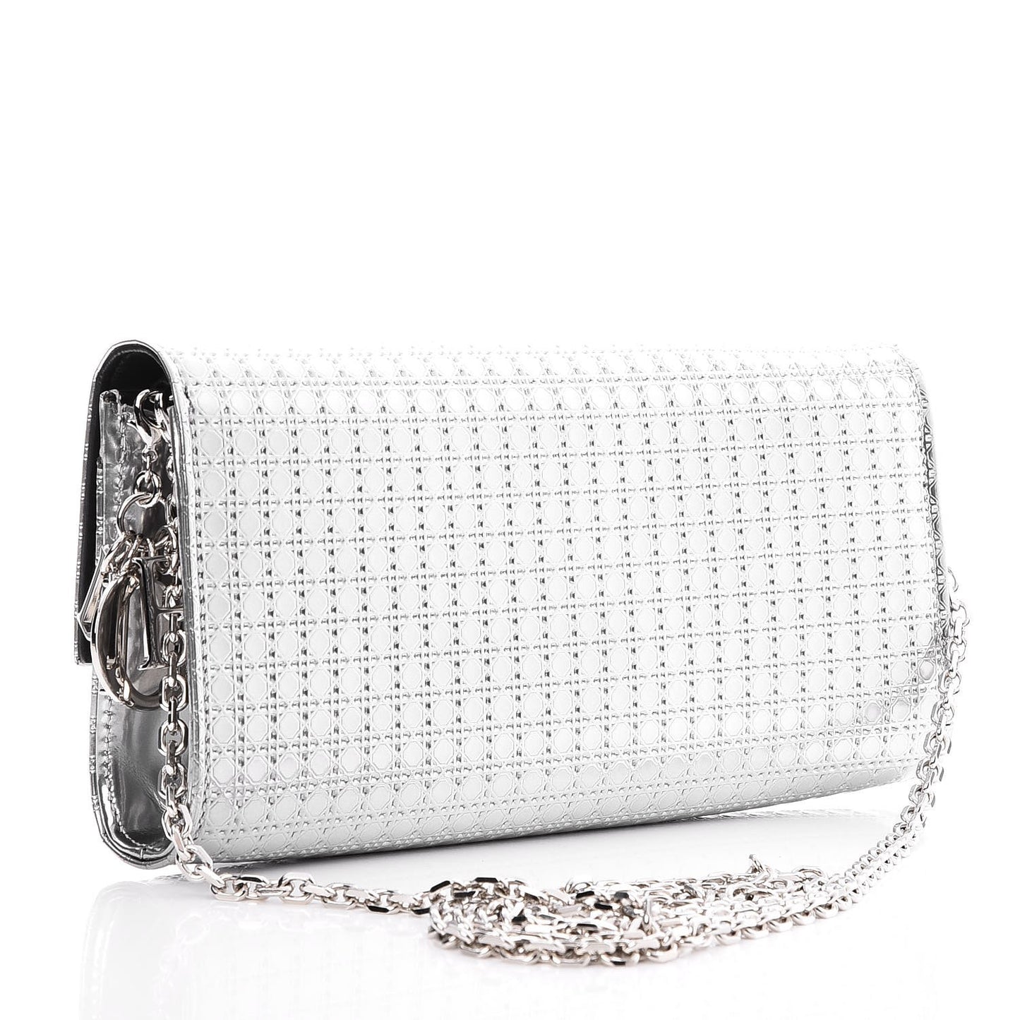 Metallic Patent Micro-Cannage Lady Dior Croisiere Chain Wallet Silver