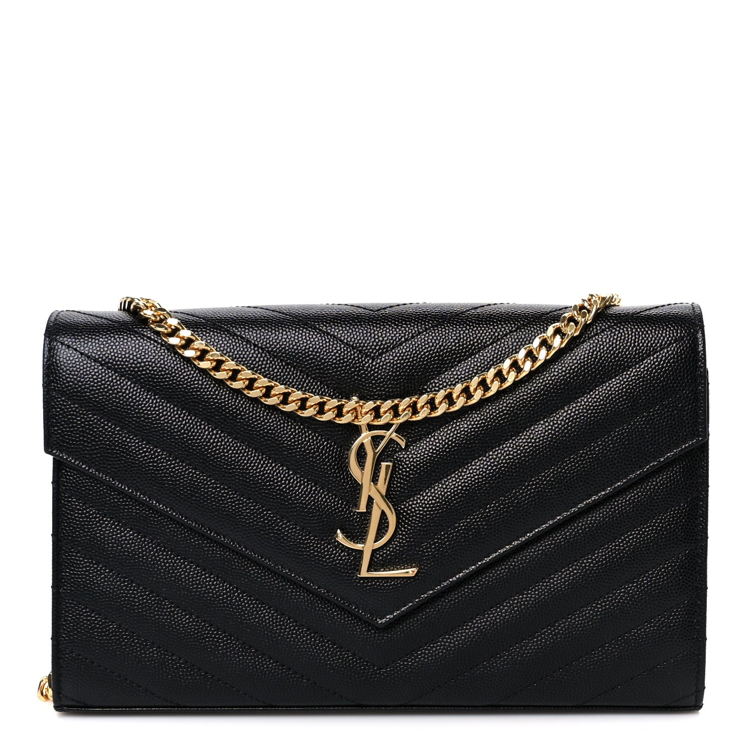 Saint Laurent Grain De Poudre Matelasse Chevron Monogram Chain Wallet Black 1 of 9