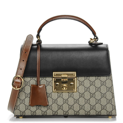 Gucci GG Supreme Monogram Calfskin Small Padlock Top Handle Bag Beige Black Cuir 1 of 7