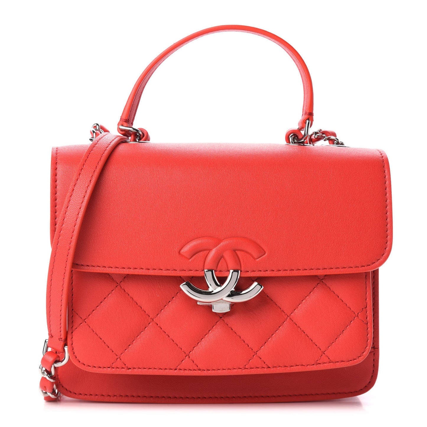 Lambskin Quilted Small CC Box Top Handle Flap Red
