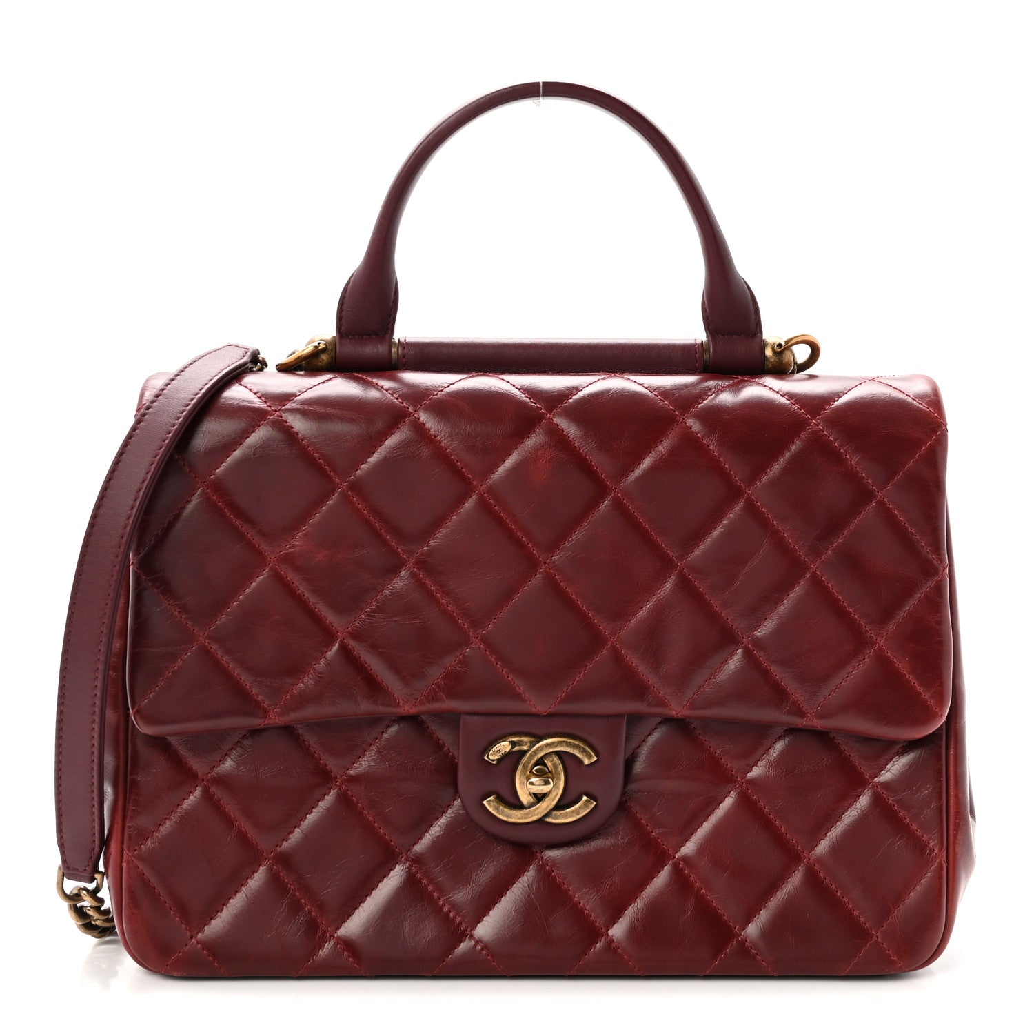 Chanel Glazed Calfskin Quilted Large Gold Bar Top Handle Flap Burgundy 1 of 10