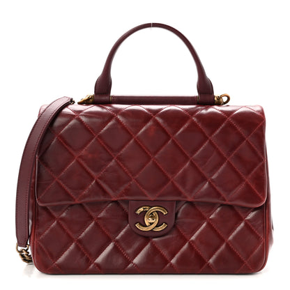 Chanel Glazed Calfskin Quilted Large Gold Bar Top Handle Flap Burgundy 1 of 10