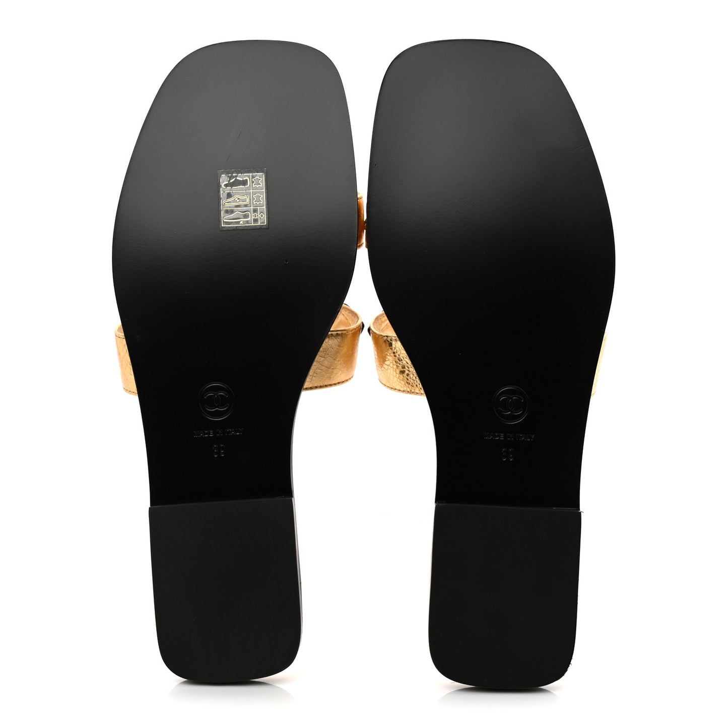 Crackled Laminated Calfskin CC Cut Out Mules Sandals 39 Gold