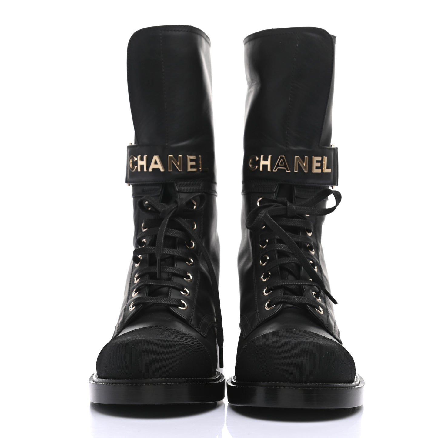 Shiny Calfskin Lace Up Combat Boots 38.5 Black