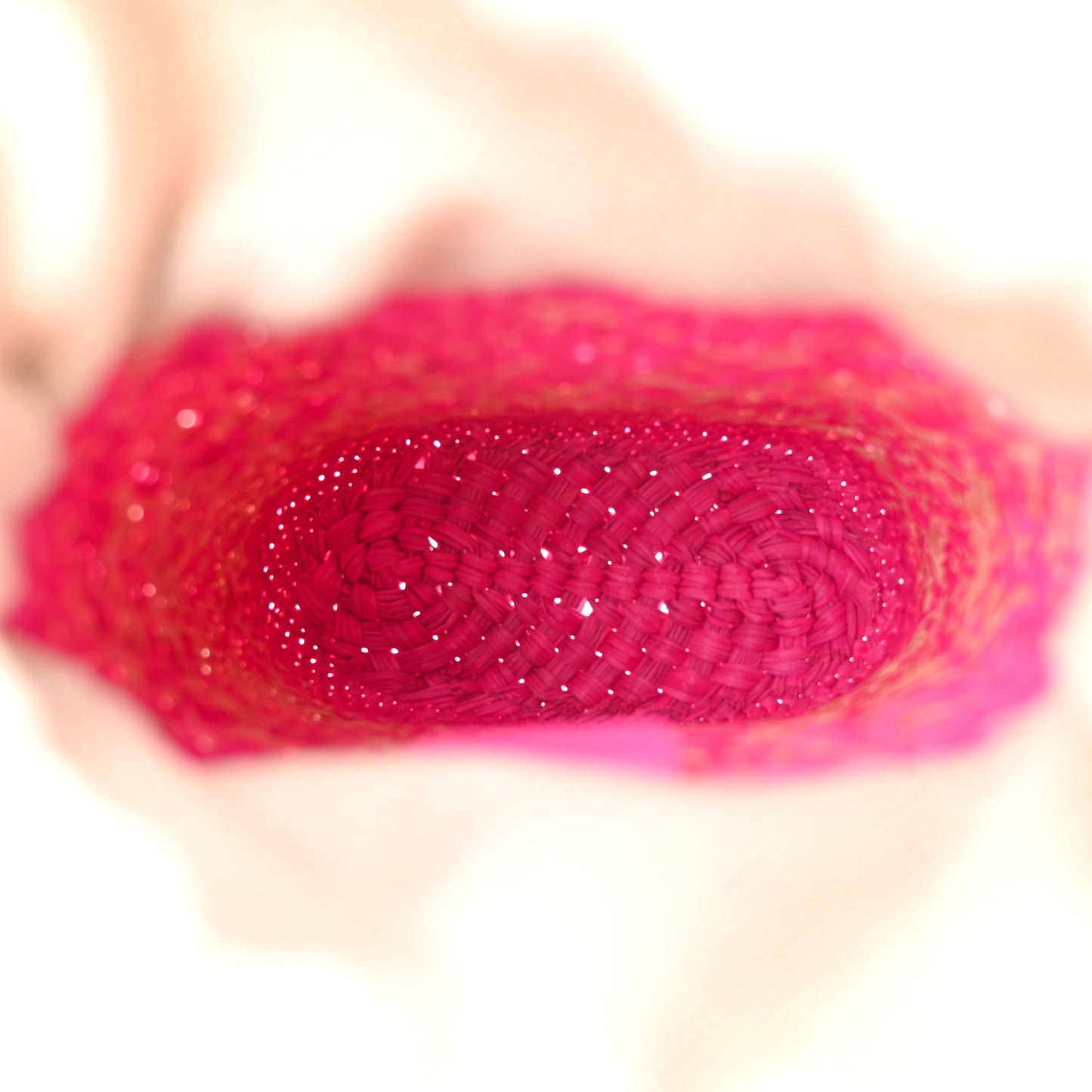 Iraca Palm Calfskin Anagram Square Pocket Bucket Bag Natural Fuchsia