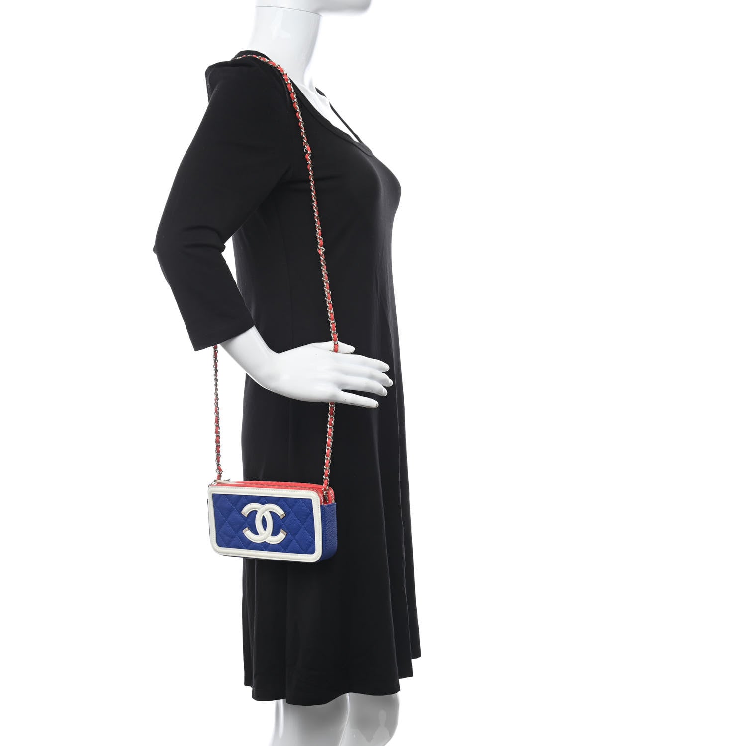 Chanel Caviar Quilted CC Filigree Clutch With Chain Blue White Red 2 of 11