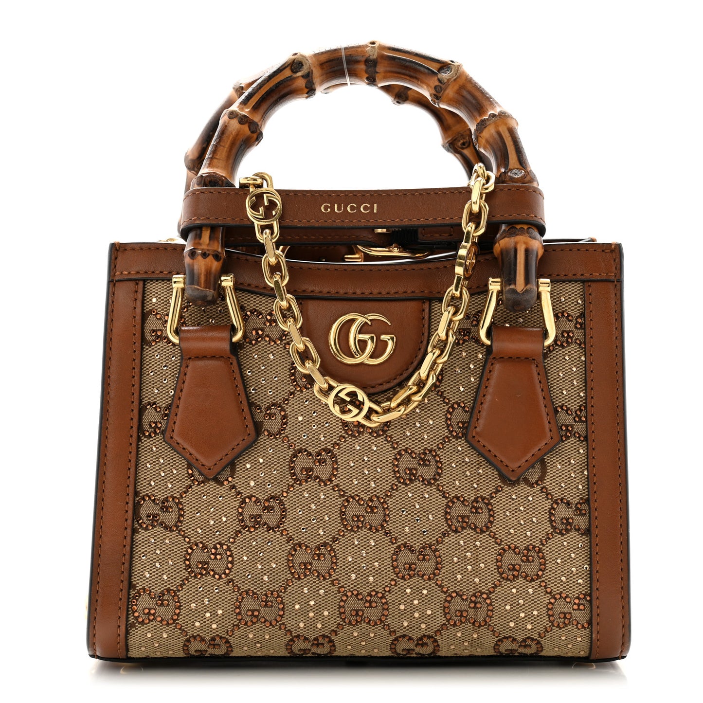 New Canvas Charisma Calfskin Crystal GG Monogram Mini Diana Tote Bag Camel Ebony