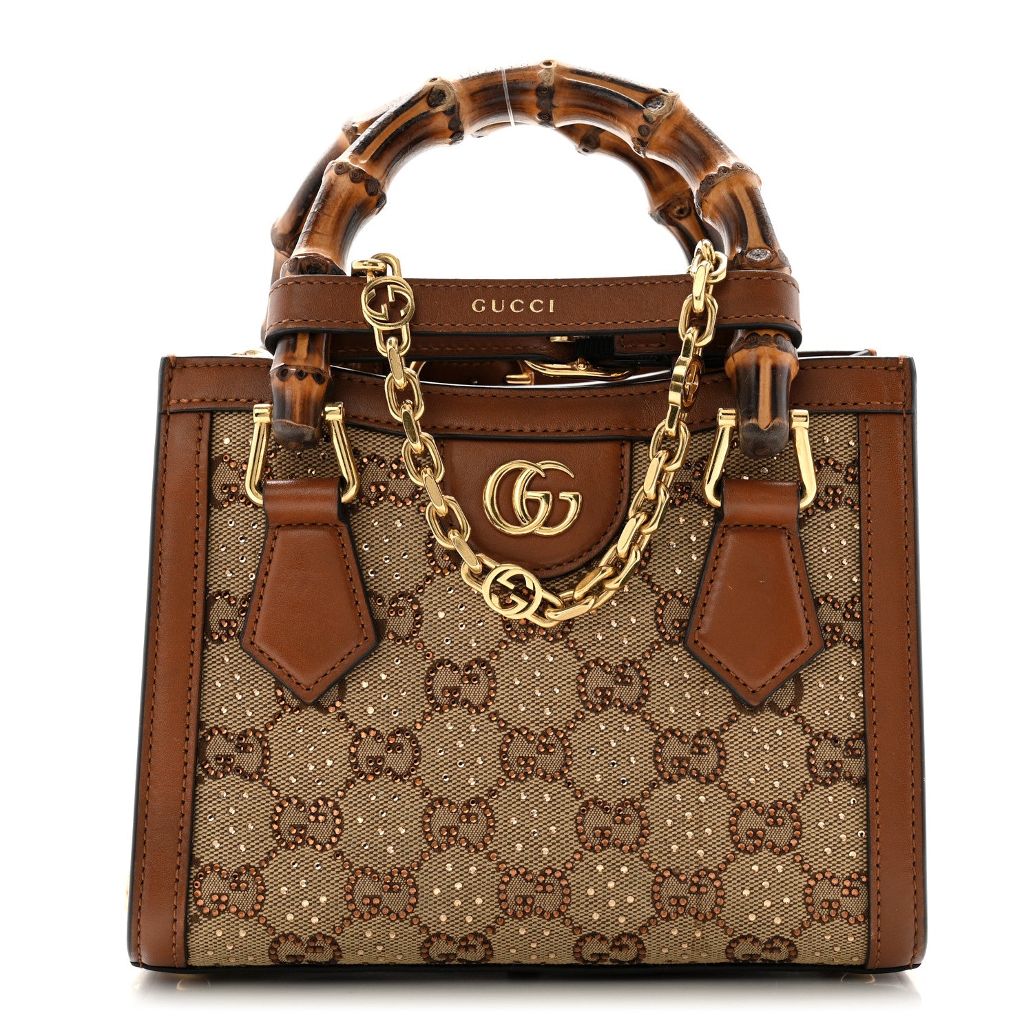 Gucci New Canvas Charisma Calfskin Crystal GG Monogram Mini Diana Tote Bag Camel Ebony 1 of 10