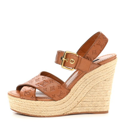 Louis Vuitton Calfskin Monogram Embossed Espadrille Wedge Sandals 36.5 Cognac 1 of 8