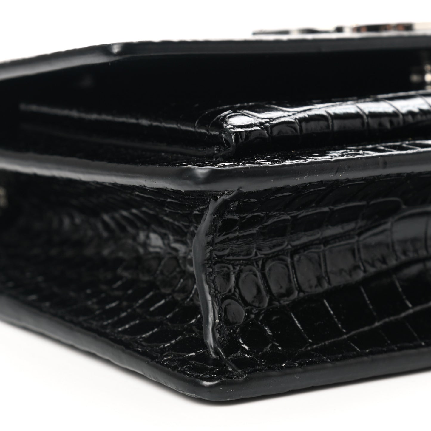 Calfskin Crocodile Embossed Monogram Sunset Top Handle Chain Wallet Black