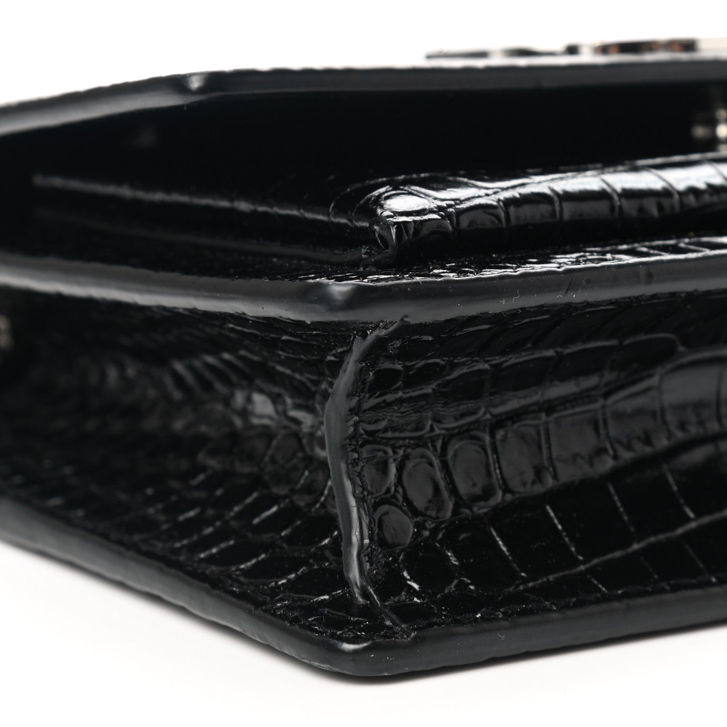 Saint Laurent Calfskin Crocodile Embossed Monogram Sunset Top Handle Chain Wallet Black 8 of 9