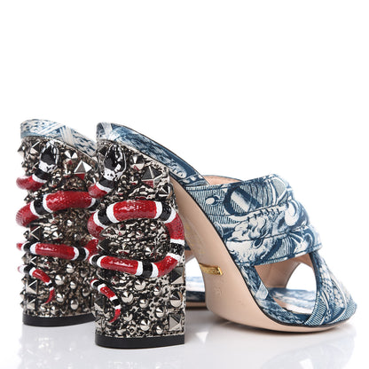 Gucci Satin Printed Kingsnake Webby High Heel Slide Sandals 37 Blue 4 of 9