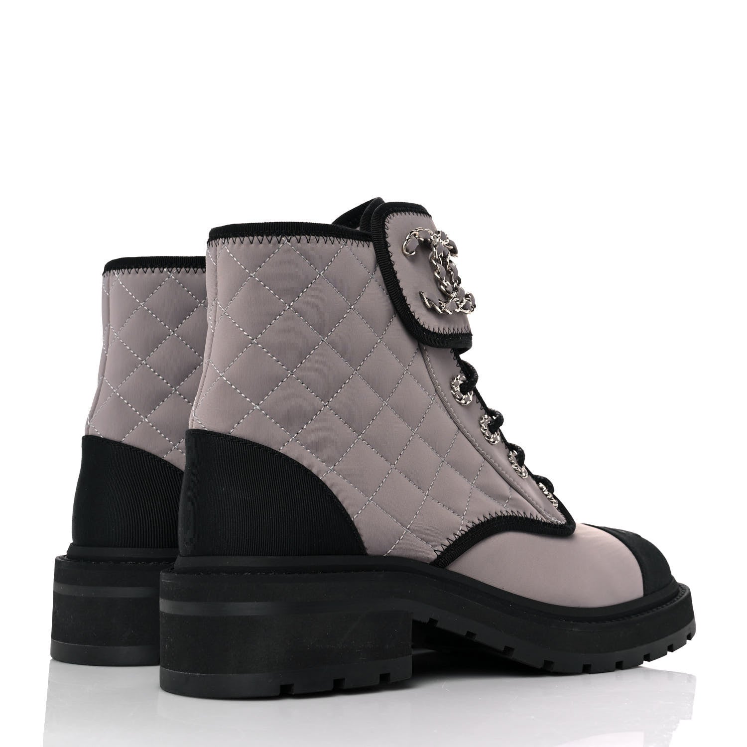 Chanel Fabric Grosgrain Quilted Cap Toe Lace Up Combat Boots 38.5 Gray 4 of 9