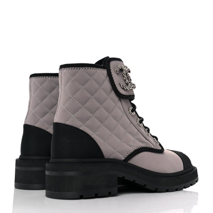 Chanel Fabric Grosgrain Quilted Cap Toe Lace Up Combat Boots 38.5 Gray 4 of 9