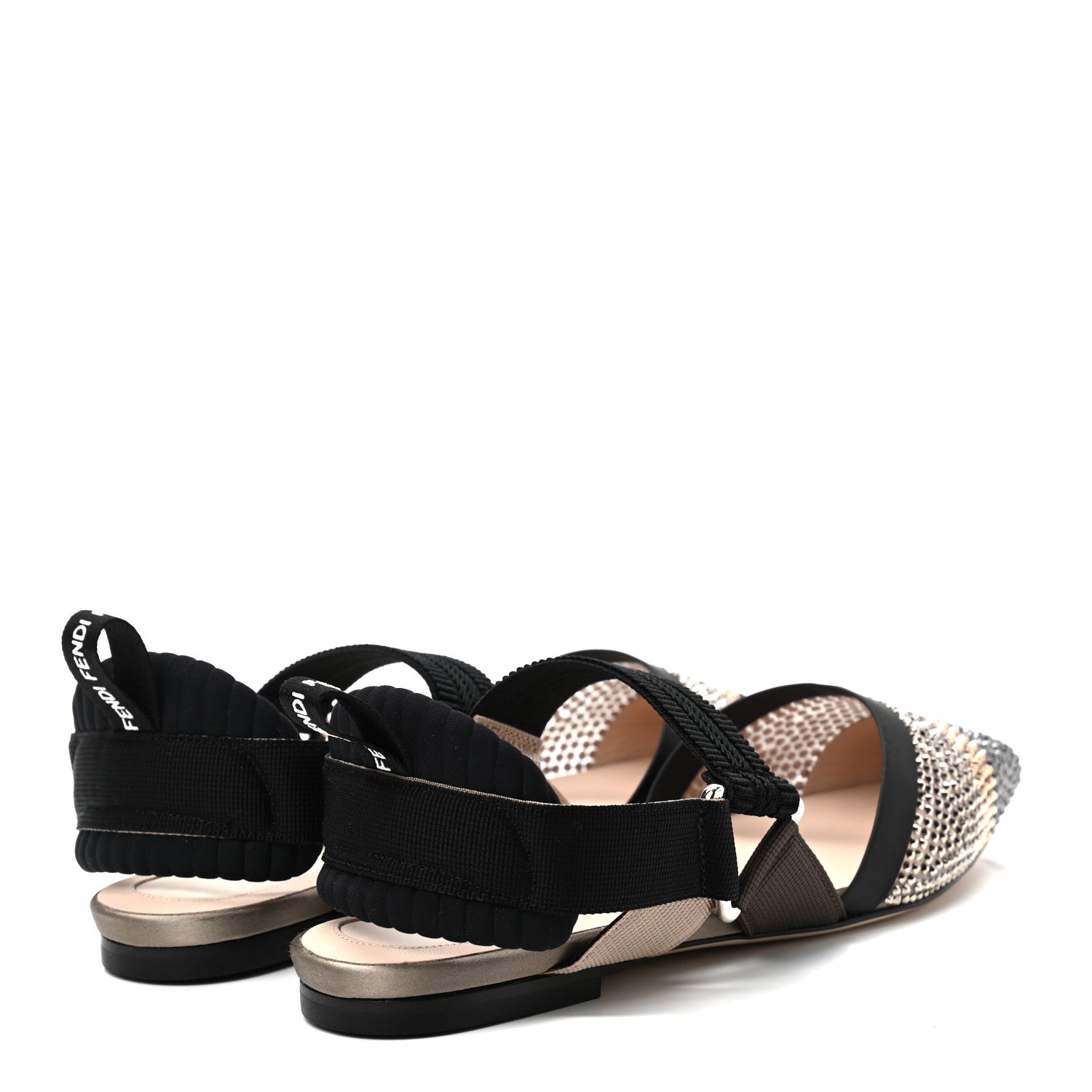 Fendi Satin Technical Mesh Crystal Embellished Colibri Slingback Ballerina Flats 36 Beige Black 4 of 8