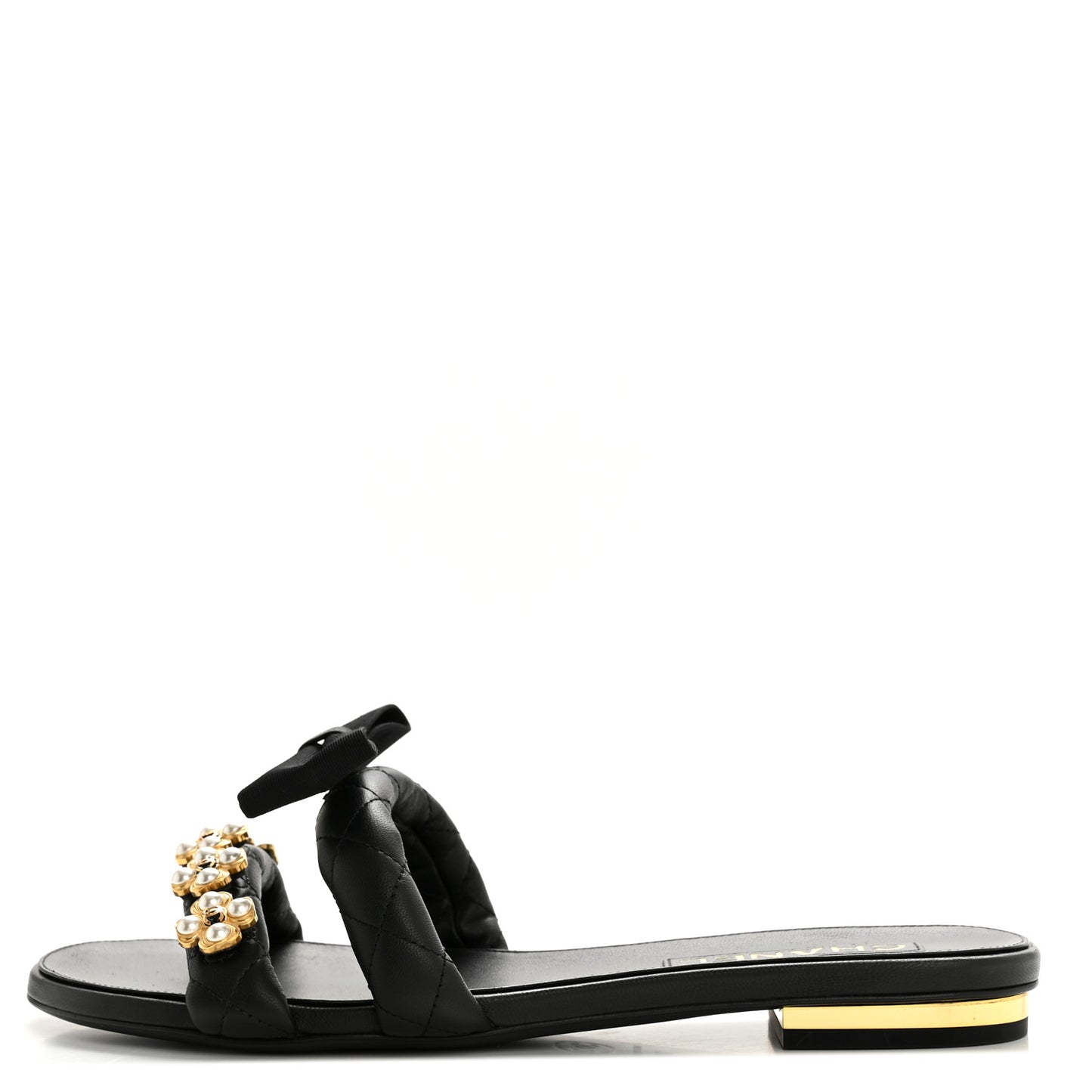 Lambskin Pearl Bow CC Mules 39 Black