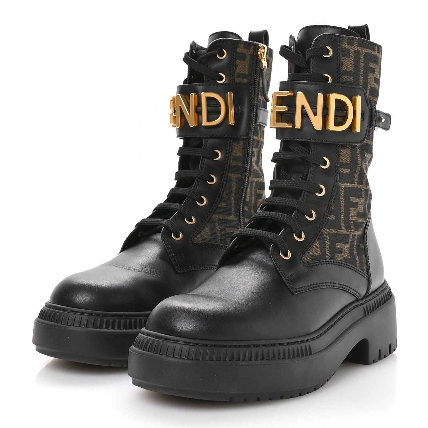 Fendi Vitello Fabric Jacquard FF Fendigraphy 50mm Biker Boots 39.5 Black Tobacco 4 of 9