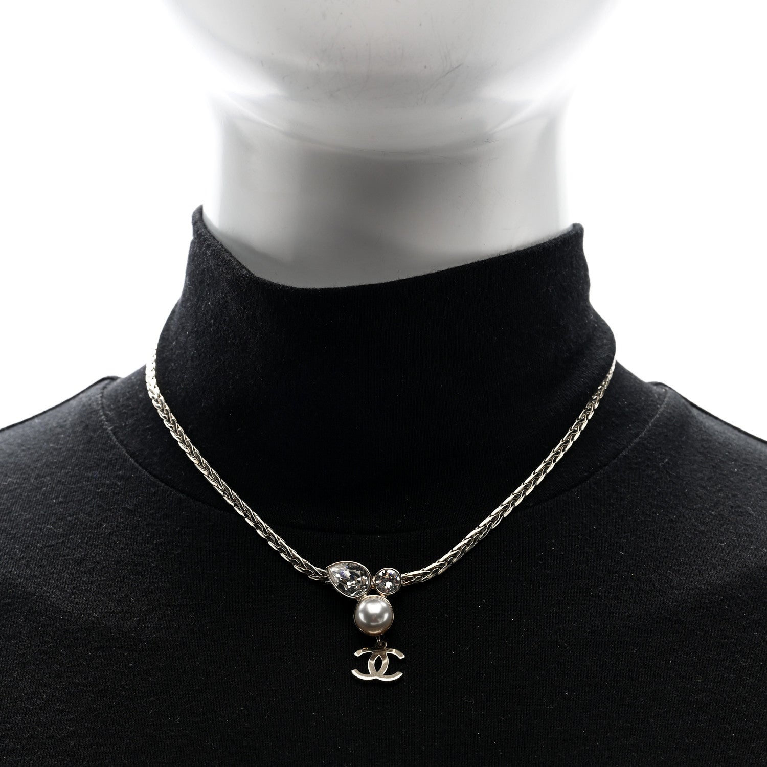 Chanel Pearl Crystal CC Teardrop Braided Necklace Gold 2 of 5
